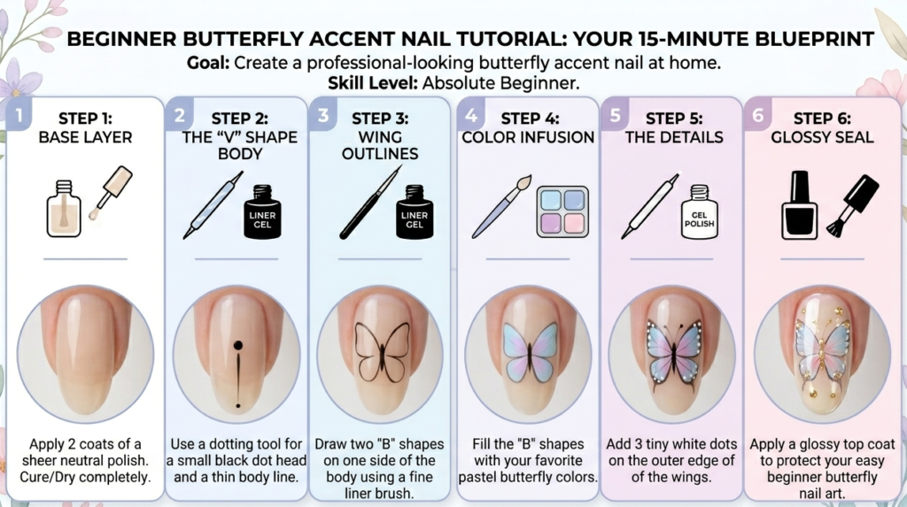Summary card infographic: 15-minute blueprint for easy butterfly nail art designs for beginners. 
