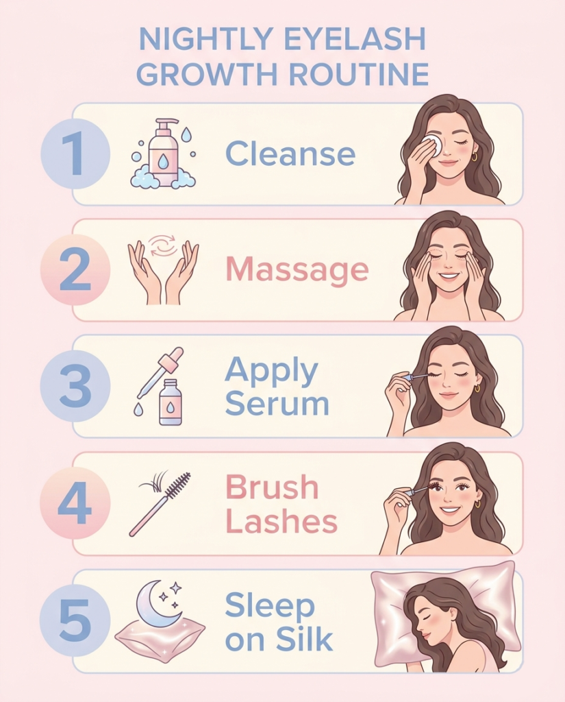 Summary infographic of the daily routine for how to get longer eyelashes naturally.