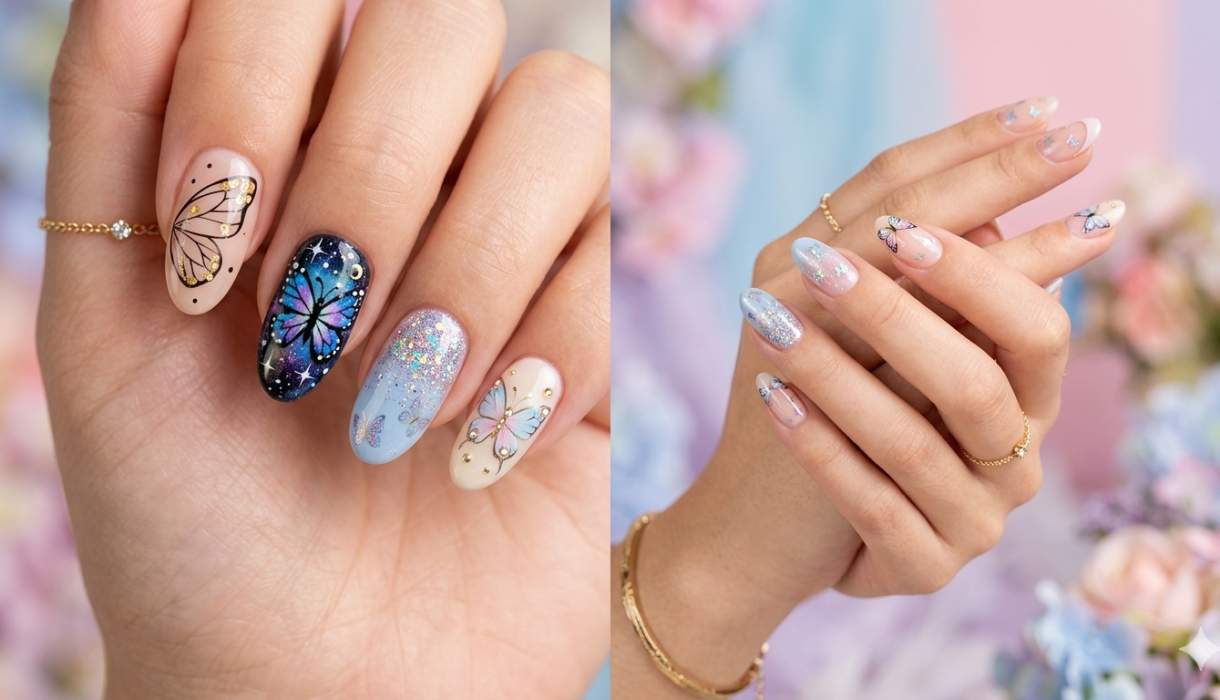 Collection of easy butterfly nail art designs for beginners in spring 2026 pastel colors.