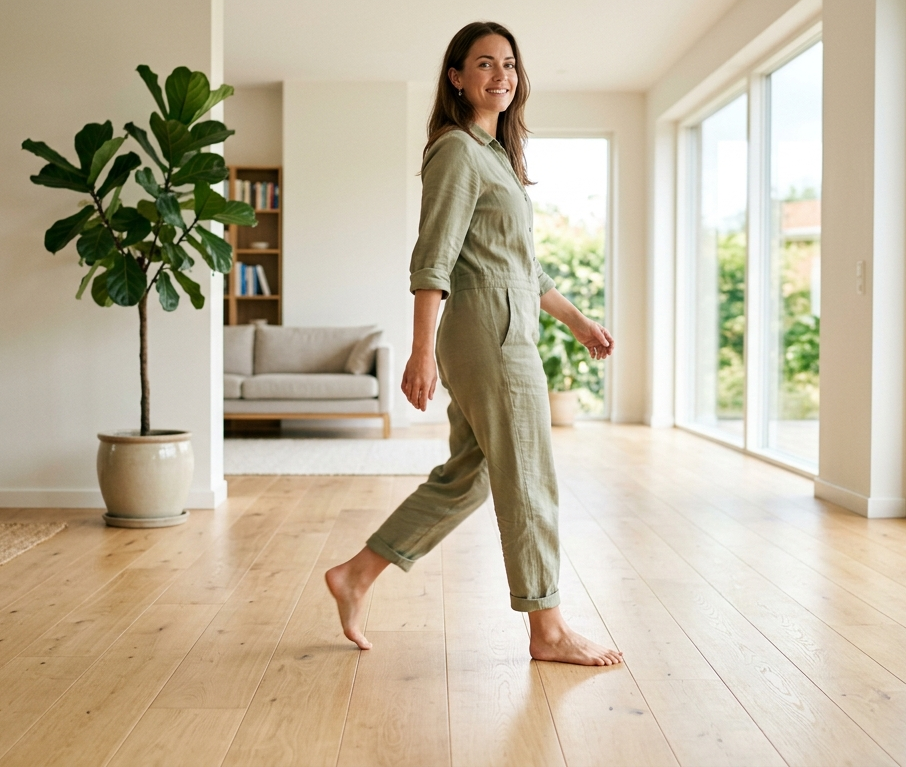 A person walking confidently barefoot, representing the result of how to stop sweaty feet fast.
