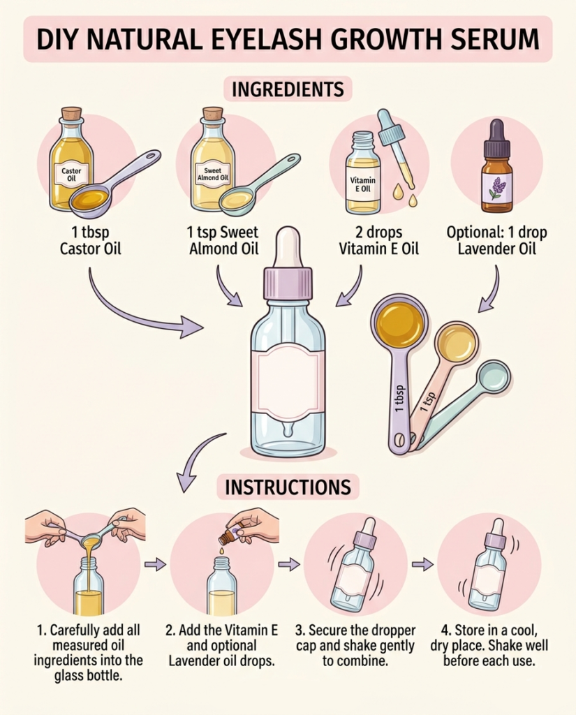 Infographic for the Golden DIY eyelash growth serum recipe featuring castor oil, almond oil, and vitamin E.