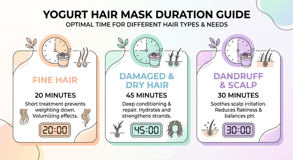Infographic showing how long to leave yogurt mask in hair for different hair types.