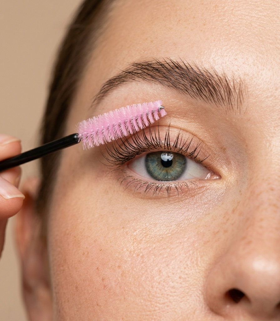 Close-up of a clean spoolie brushing natural lashes to maintain length and volume. 