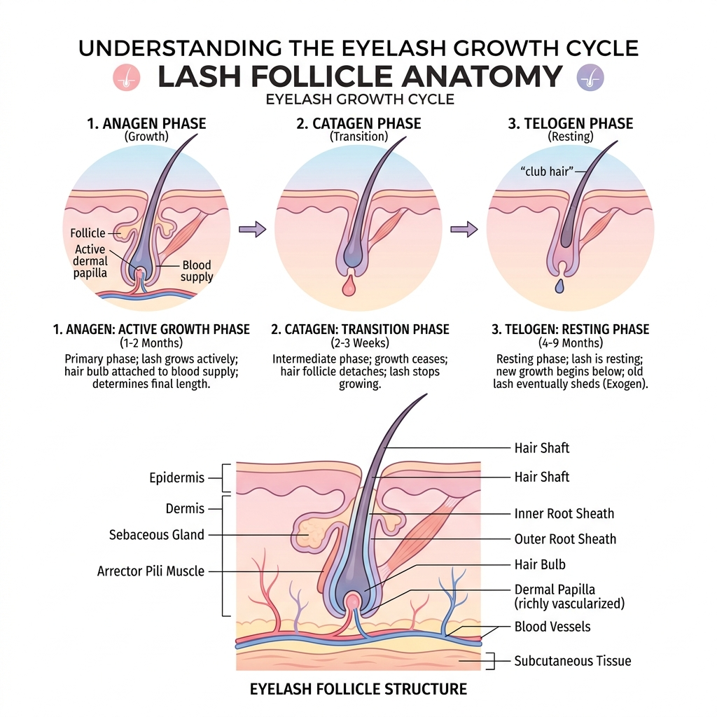 Diagram of the eyelash growth cycle showing the Anagen, Catagen, and Telogen phases.