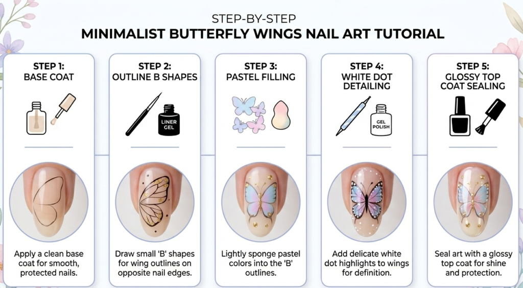 Infographic: Step by step butterfly nail art tutorial for the Minimalist Wing design.