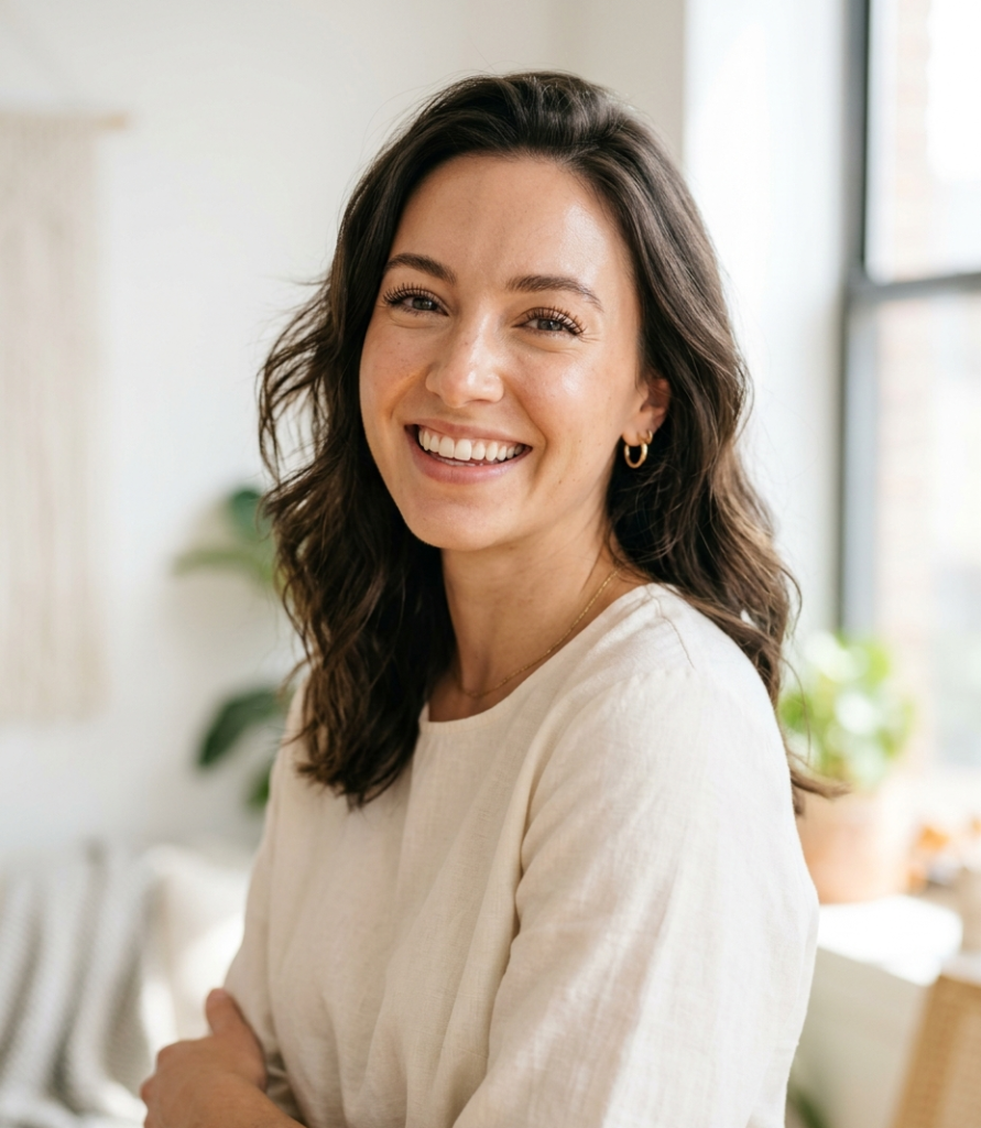 Smiling woman with long, natural eyelashes looking into the camera without heavy makeup.