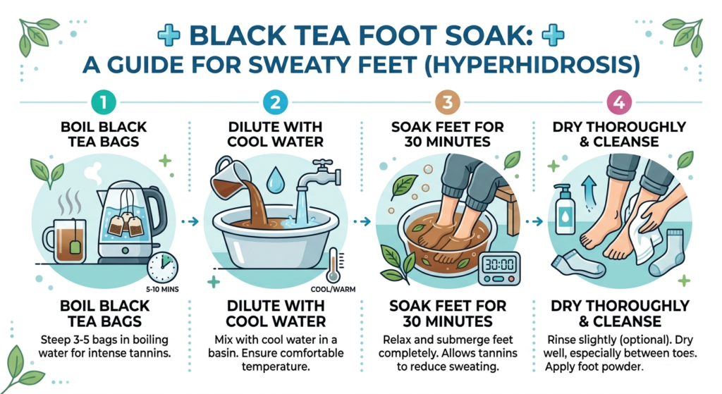 Infographic for the Black Tea Foot Soak Recipe to stop sweaty feet fast.