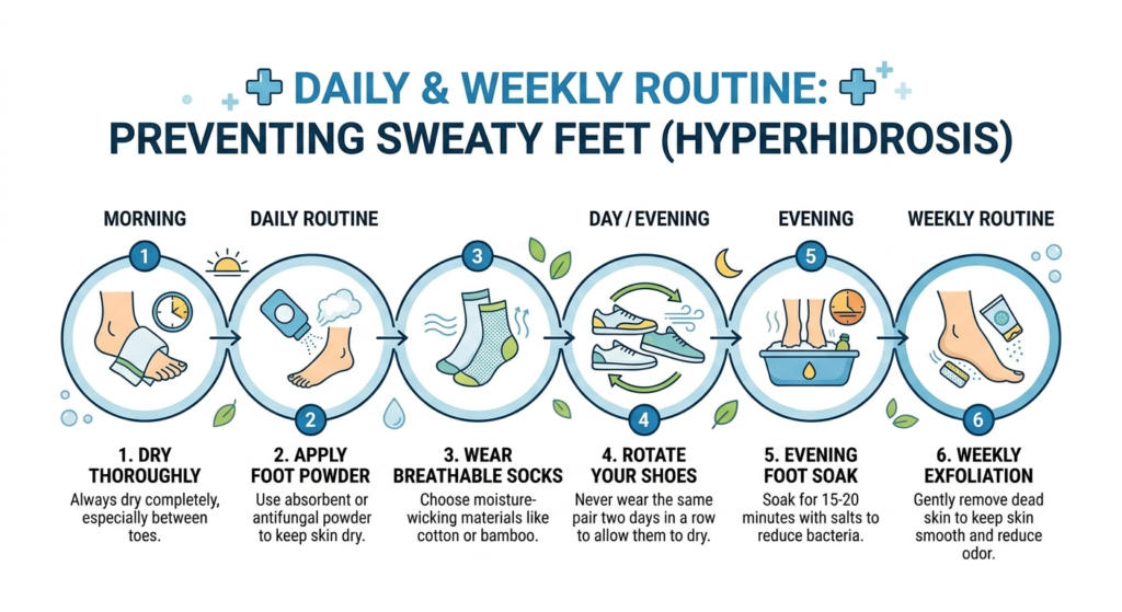 Daily protocol infographic for how to stop sweaty feet fast featuring morning and evening routines.