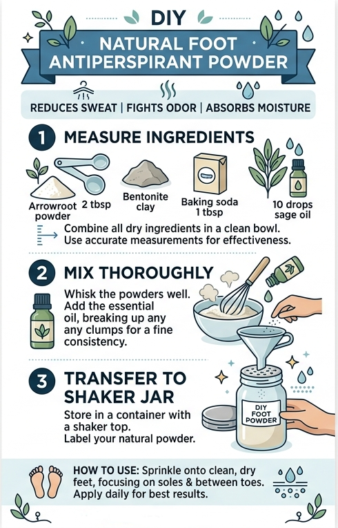 Infographic for the best natural foot antiperspirant DIY powder recipe using arrowroot and bentonite clay.