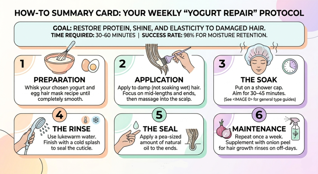 Summary card infographic for a weekly yogurt hair mask for damaged hair protocol.