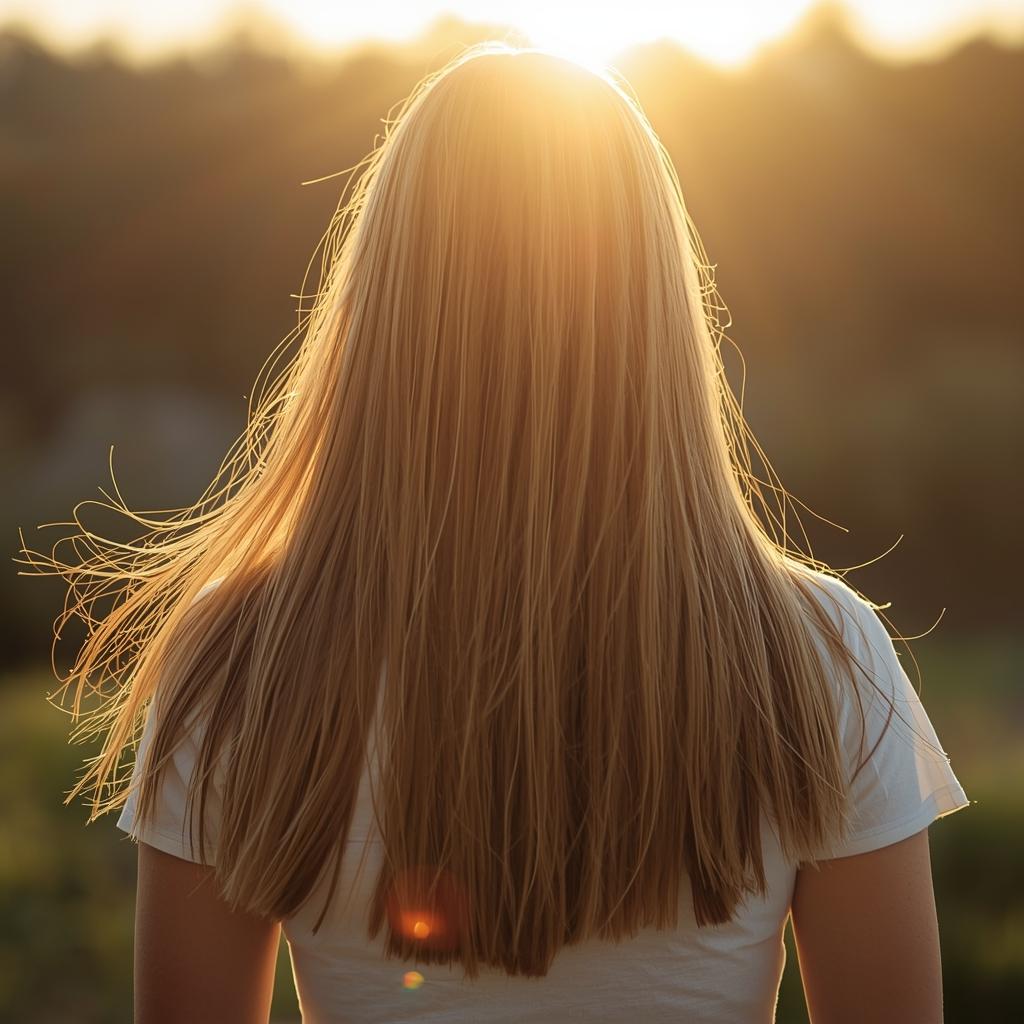 A woman with long, shiny, healthy hair after regular use of a yogurt hair mask for damaged hair.