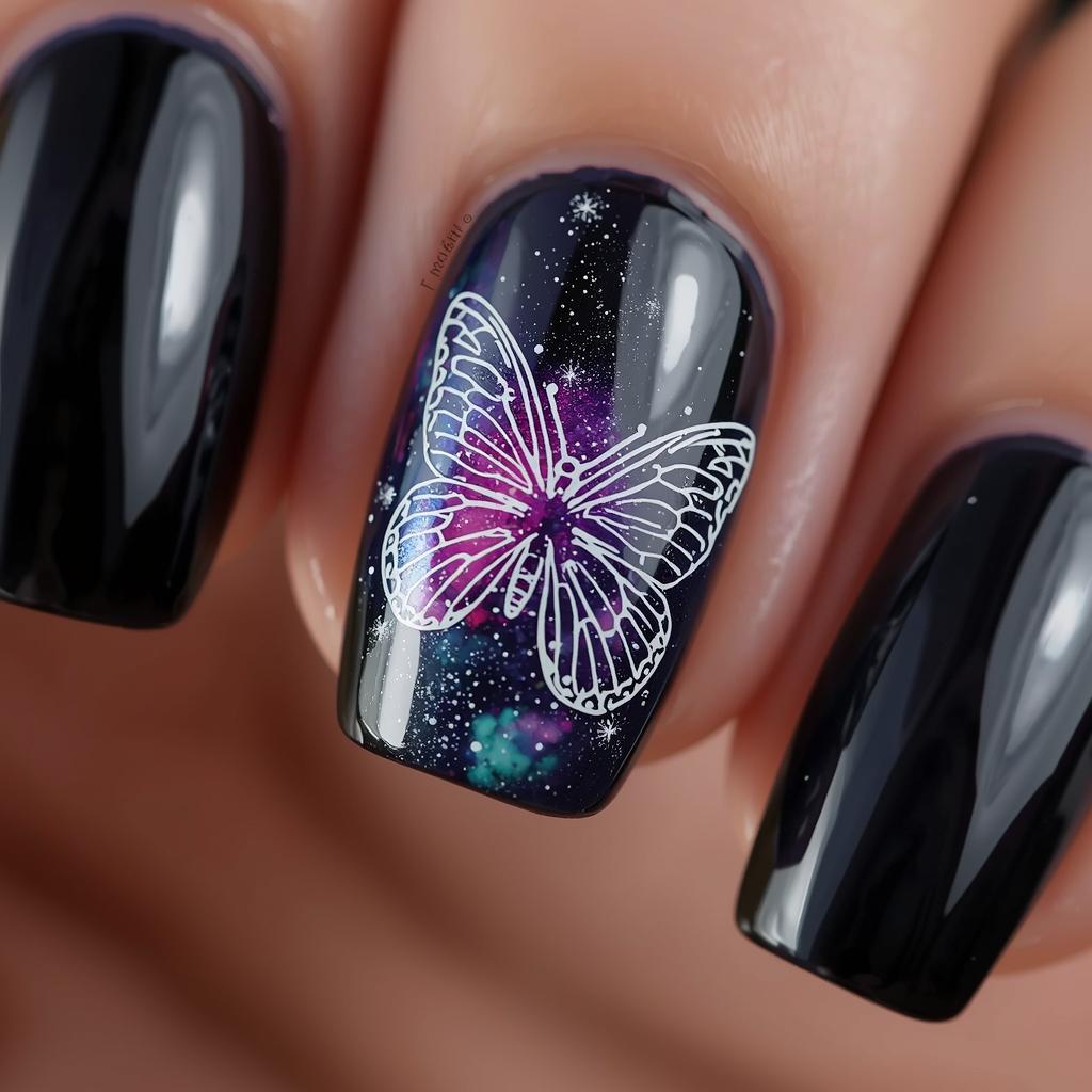 Galaxy butterfly nail art with navy blue base and shimmering purple nebula effect.
