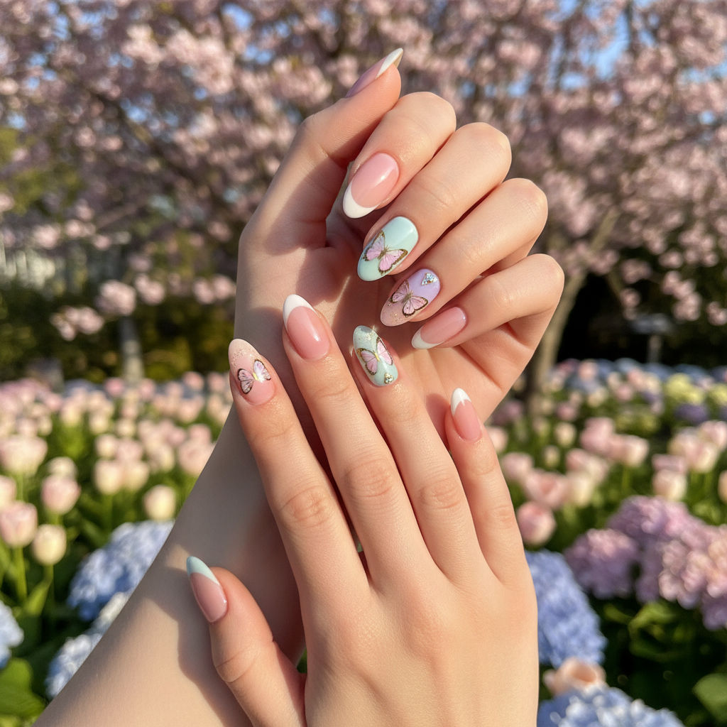 Final result of a complete butterfly aesthetic manicure with spring jewelry and floral background.