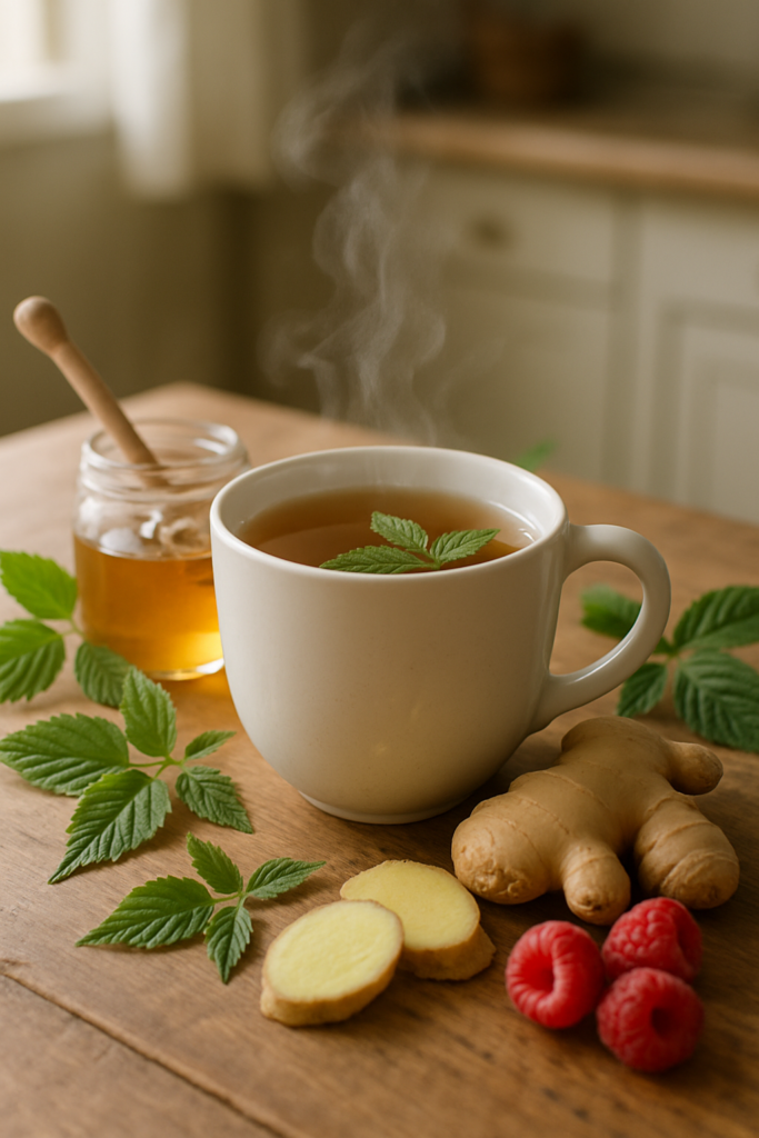 Nutritional uterine tonic tea with raspberry leaf and ginger for labor preparation.