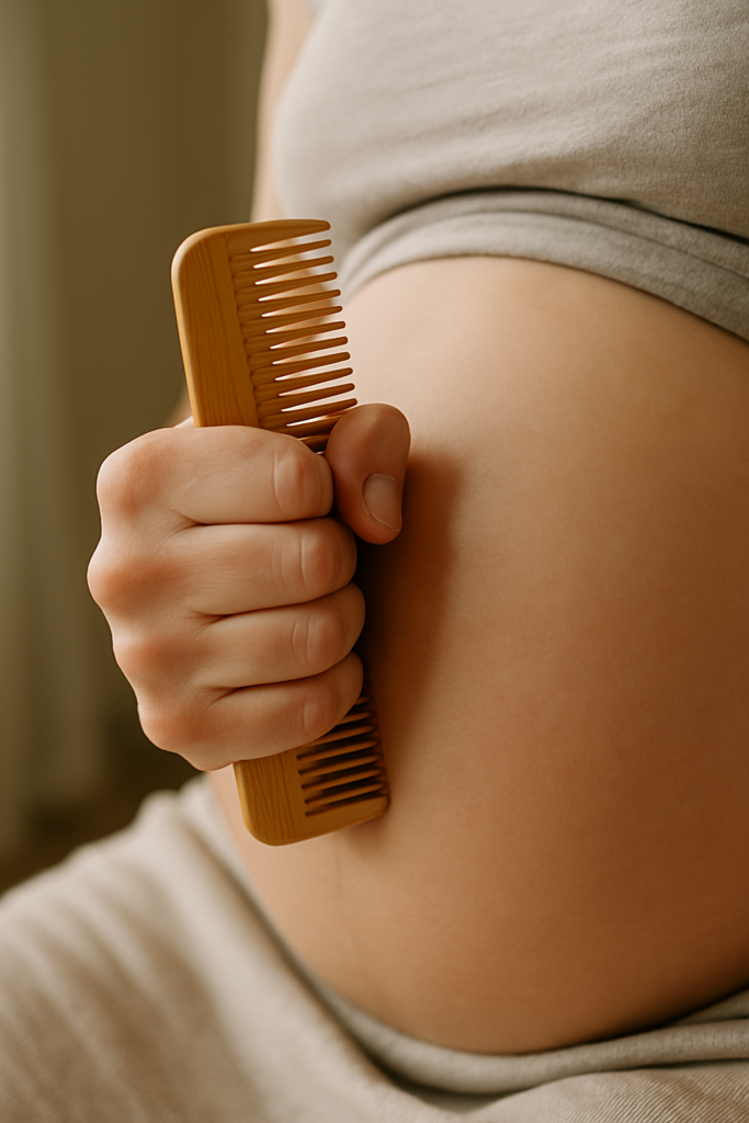 A woman’s hand holding a wooden comb for pain management during childbirth using natural birth tips.