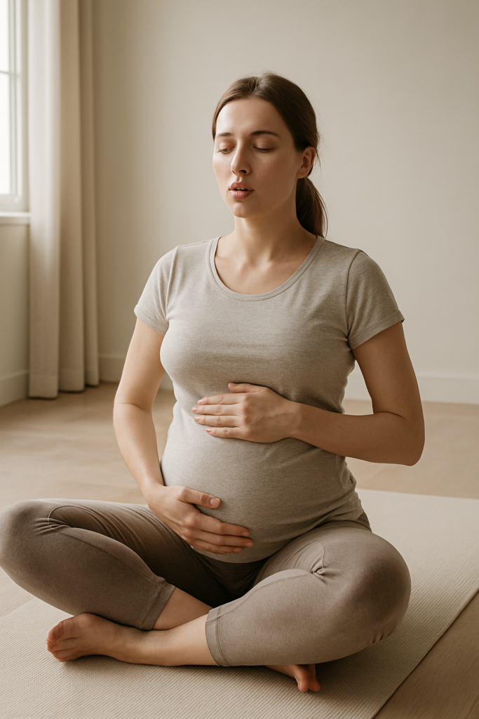 Pregnant woman practicing focused breathing for oxygenating the uterus during the stages of labor.