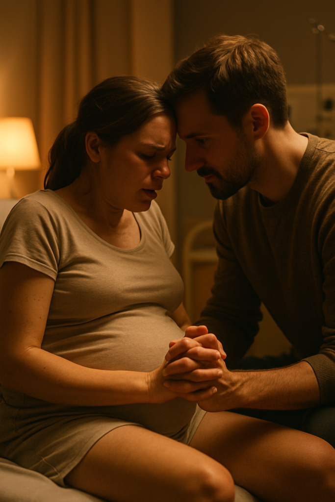 Supportive partner helping a mother through the transition phase of the stages of labor.