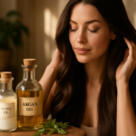 A beautiful woman with long, thick hair holding a bottle of natural arugula oil for hair growth.
