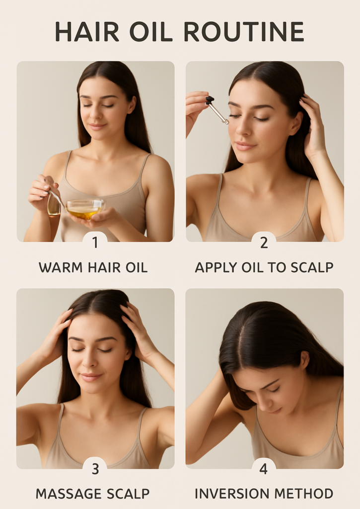 Infographic showing the 4 steps of applying hair oil: warming, massaging, inverting, and washing.