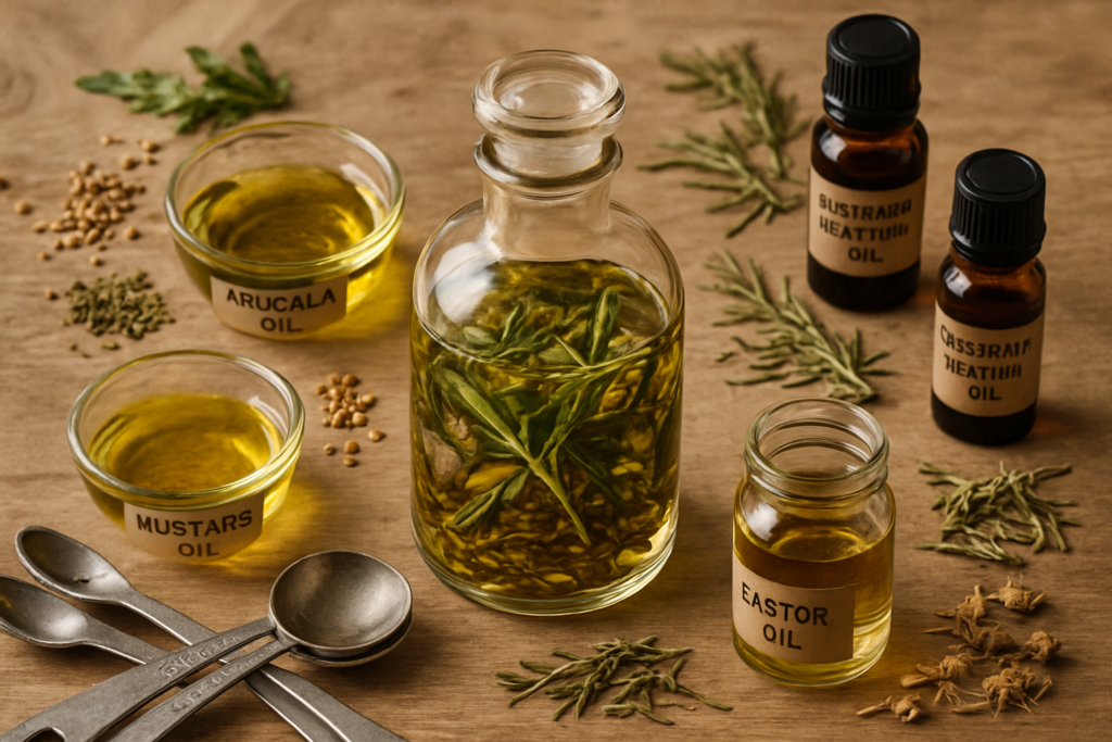 A glass jar being filled with a mix of arugula oil, mustard oil, and rosemary drops.