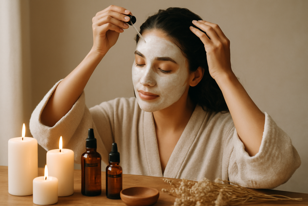 A woman applying a natural face mask while her hair is wrapped in a treatment towel.