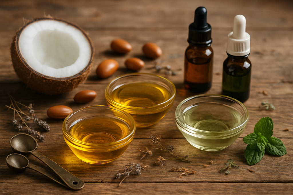 Three different small bowls containing various oil blends for growth, repair, and dandruff.