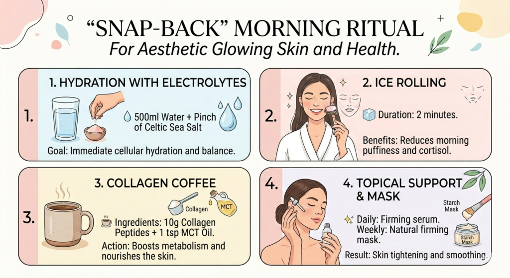 A woman performing a morning skincare and biohacking routine with ice rolling and collagen.