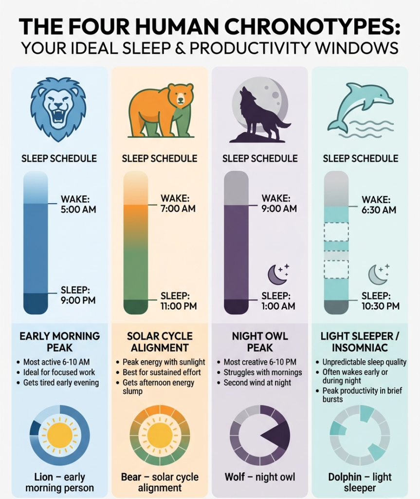 2026 Sleep Chronotype Infographic: Lion Bear Wolf and Dolphin