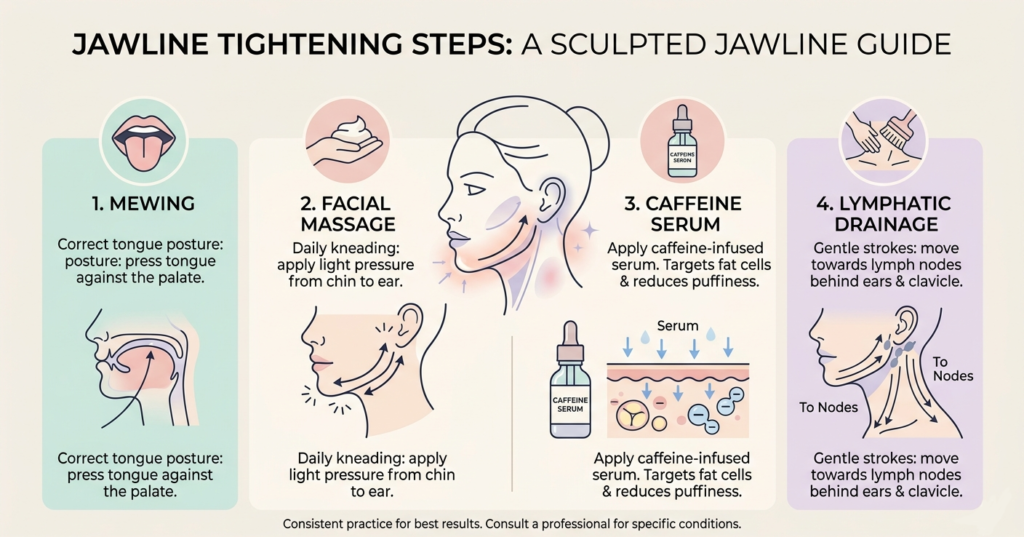 Proper tongue posture (mewing) and jawline sculpting techniques for women.
