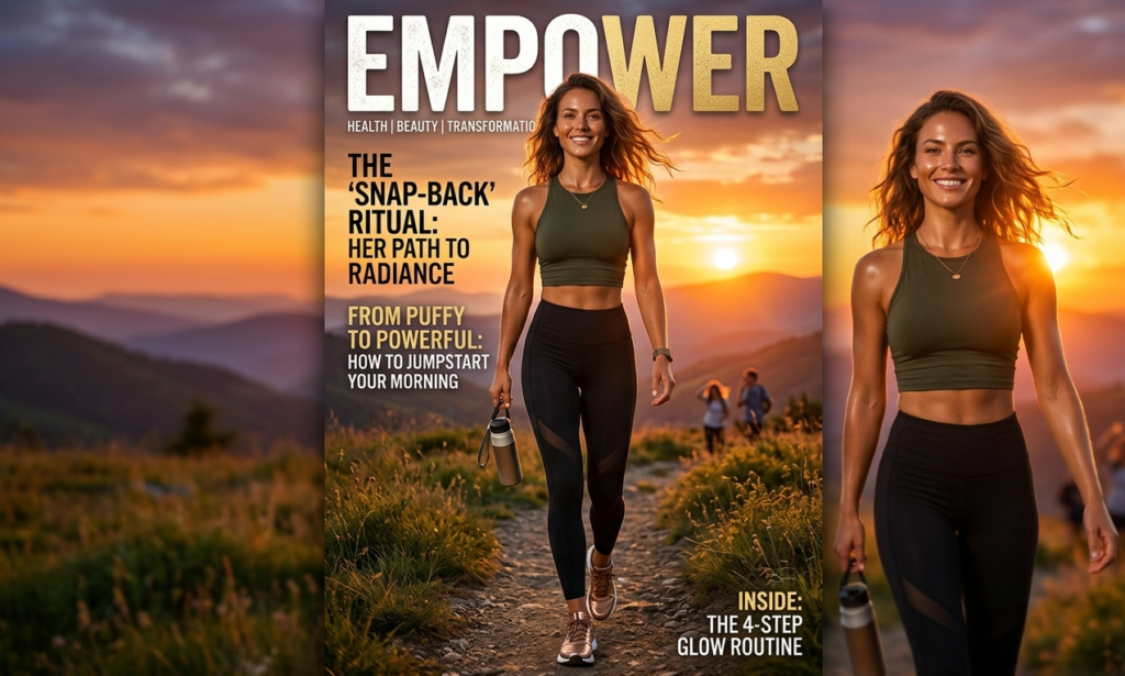 Confident, radiant woman looking into the sunset with clear skin and a sculpted physique.