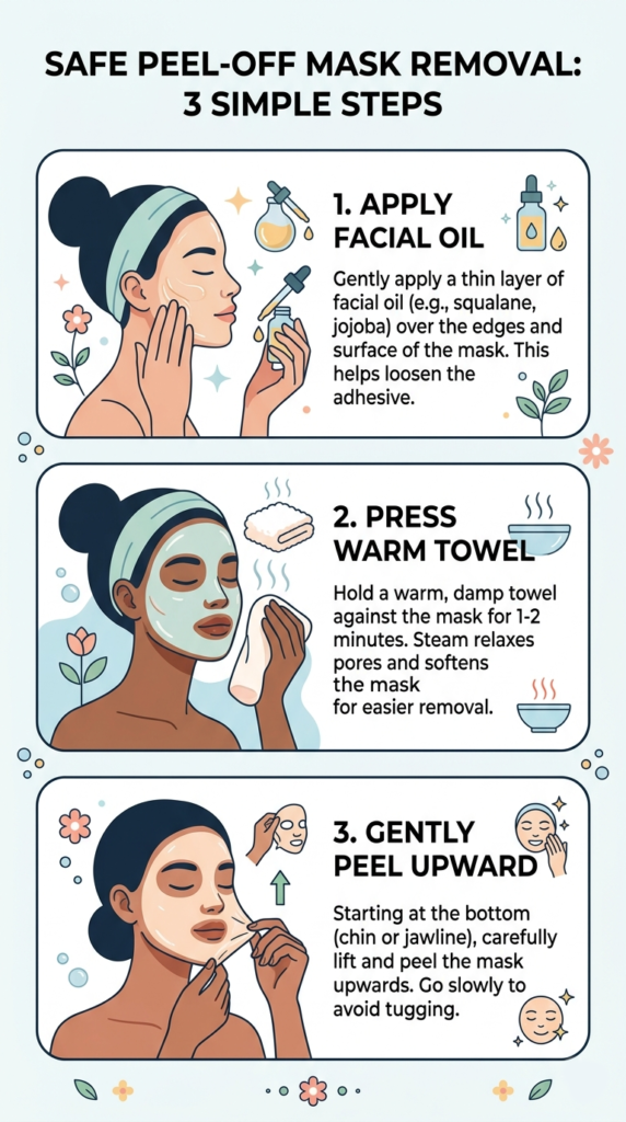How-to Infographic: 3 steps to safely remove a homemade peel-off mask for glowing skin without pain.