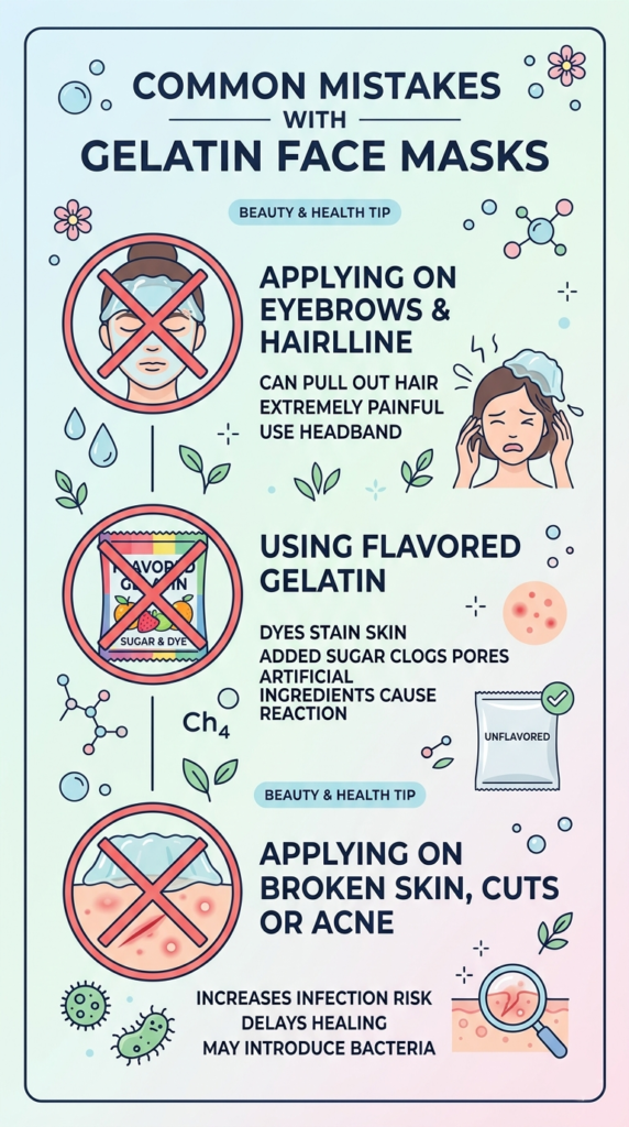 Infographic: Critical safety mistakes to avoid when using a Gelatin Face Mask for Wrinkles, like eyebrow removal.