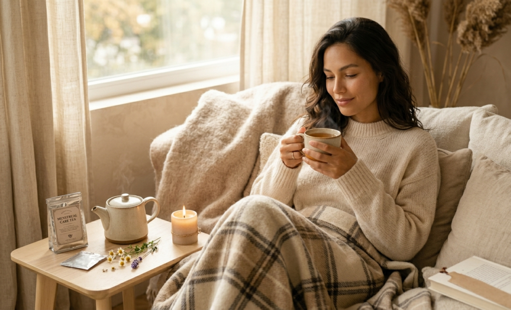 A woman practicing facial massage and self-care during her luteal phase.