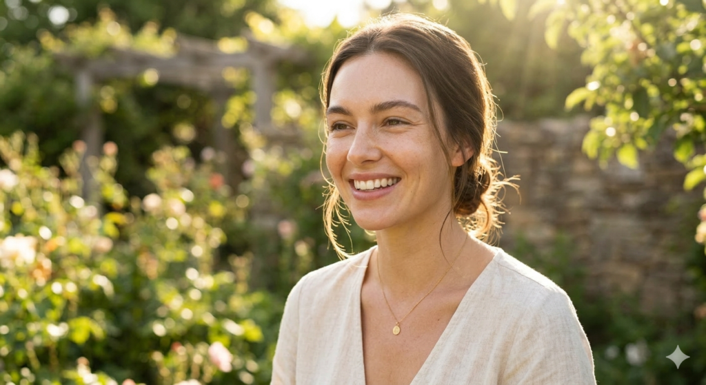 happy woman with glowing natural skin smiling in sunlight, fresh and radiant look, soft background, clean beauty aesthetic, minimal makeup, wellness lifestyle, bright natural light, inspirational mood, high resolution portrait