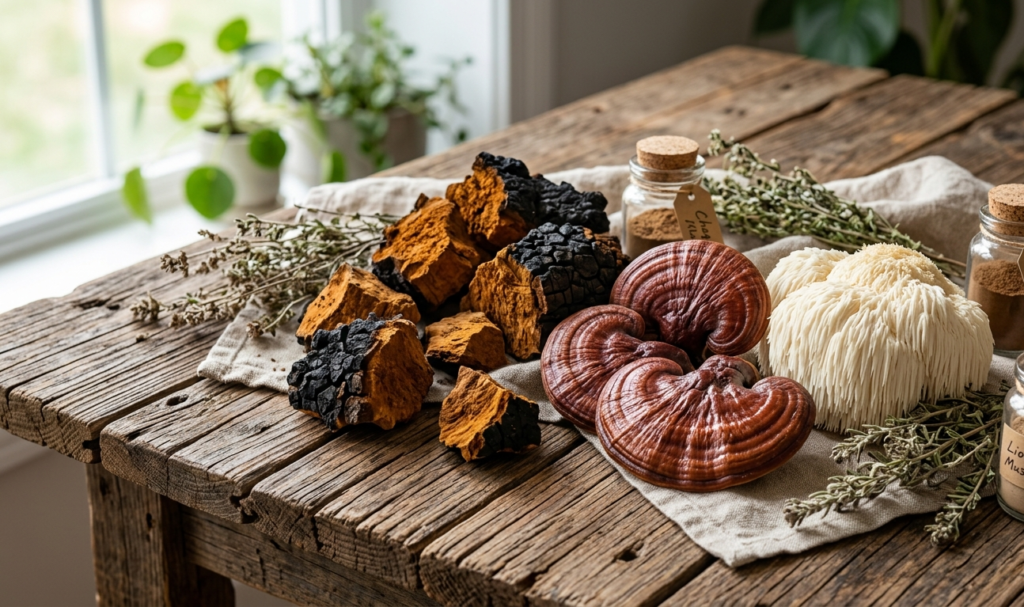 Wild Chaga mushroom growing on birch tree for immune system and skin