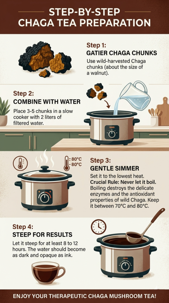 Infographic showing how to prepare Chaga tea at home naturally step by step