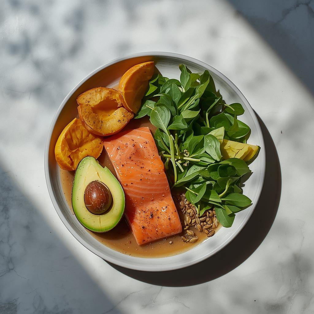 Platter of high-collagen and omega-3 rich foods like salmon, avocado, and bone broth.