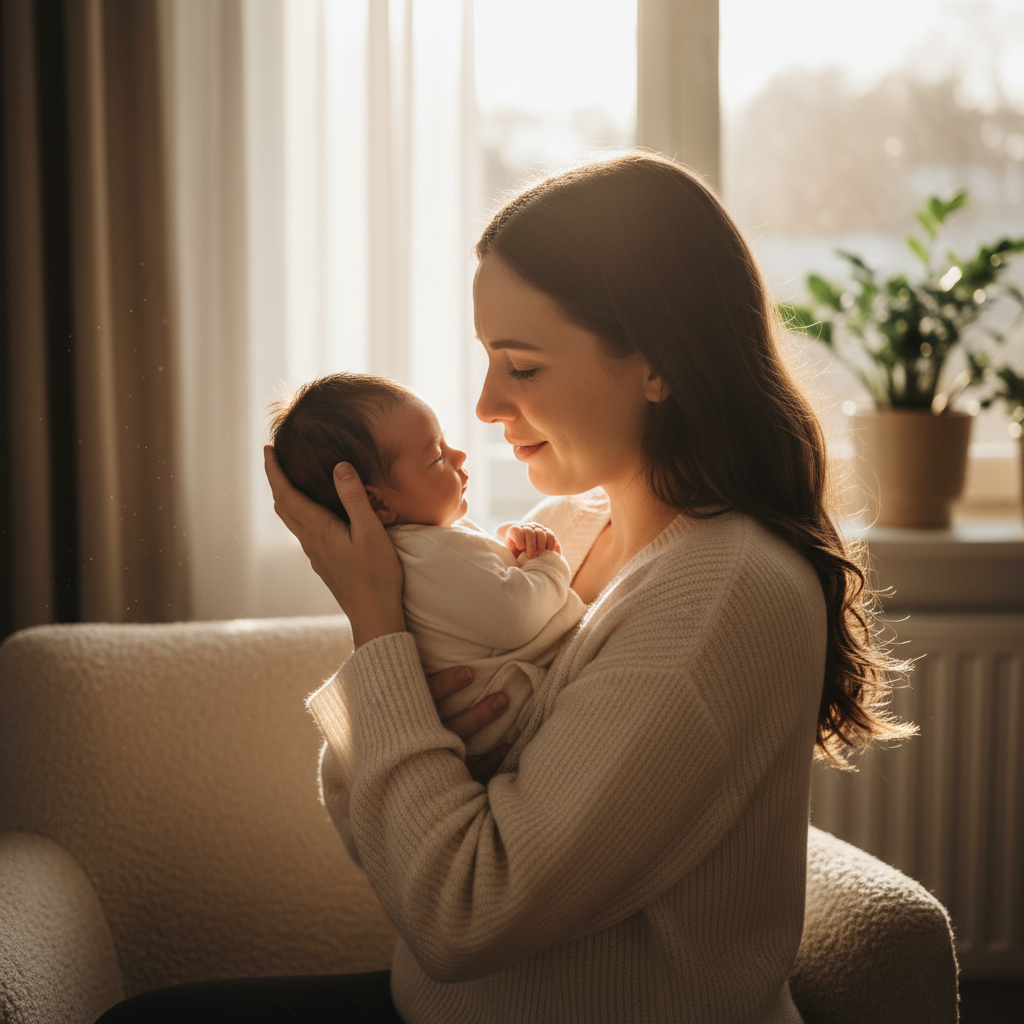 Empowered mother holding her newborn baby, concluding the Complete Childbirth Guide.