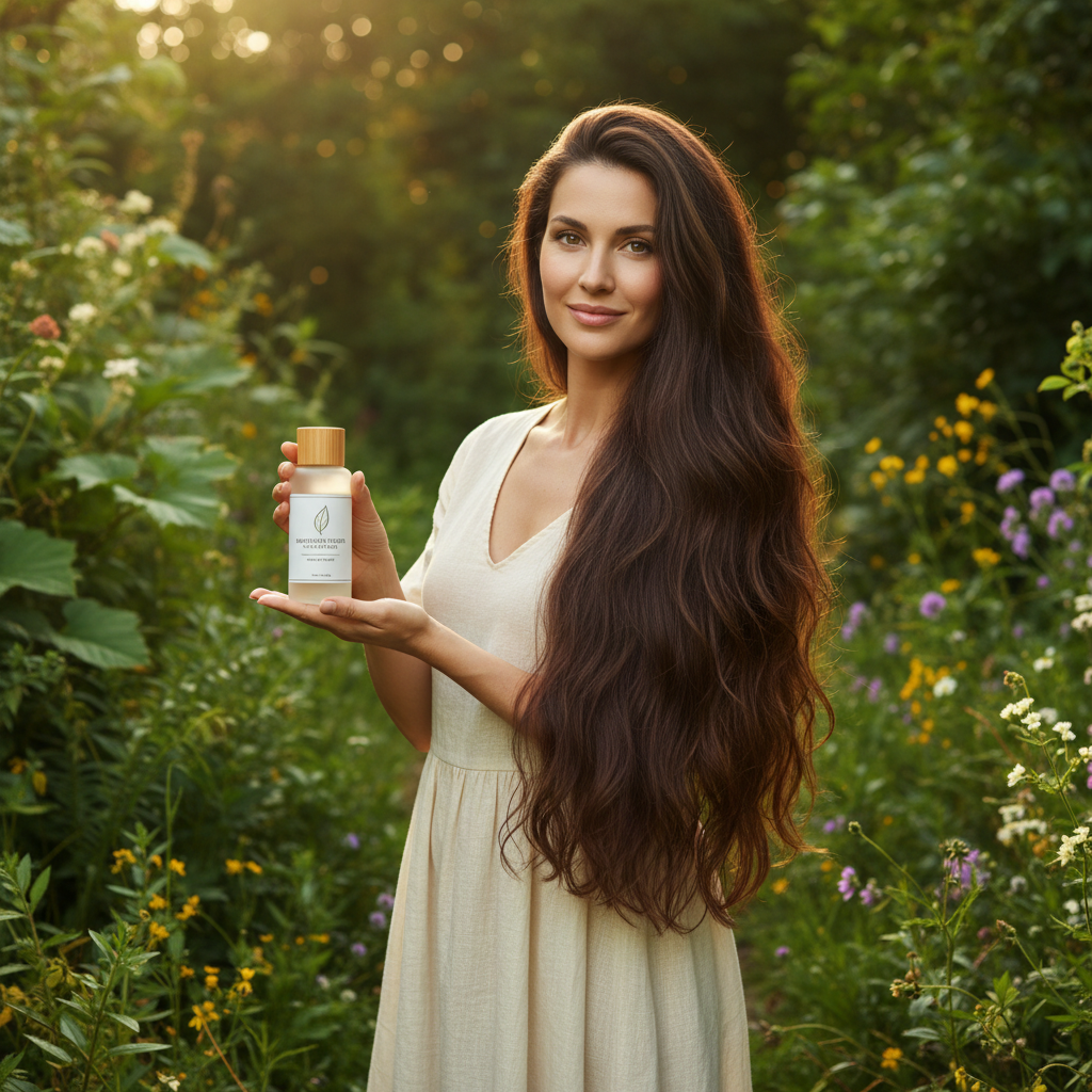 A happy, confident woman with voluminous, shiny hair standing in natural sunlight.