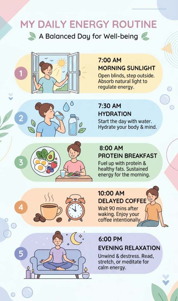 Step-by-step infographic on how to boost energy naturally for women including morning light and protein.