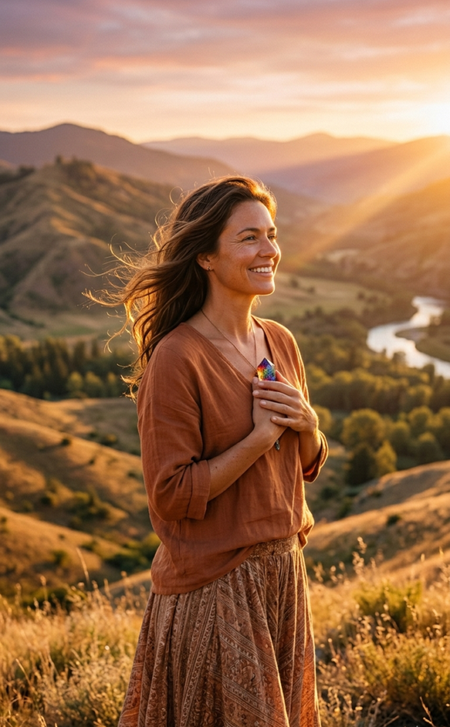 Woman standing on a mountain peak expressing freedom and high energy levels naturally in 2026.