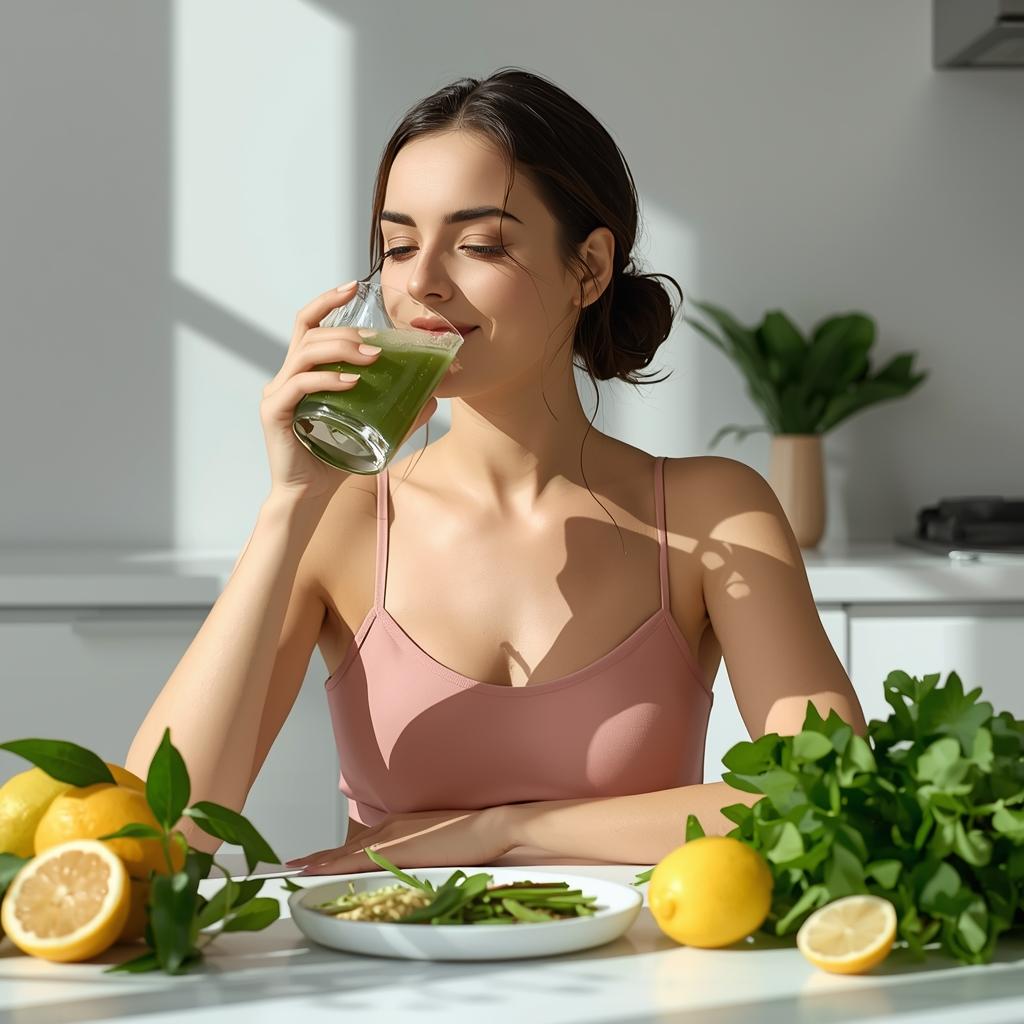 Fresh green juice and detox ingredients for a natural colon cleanse guide and energy boost.