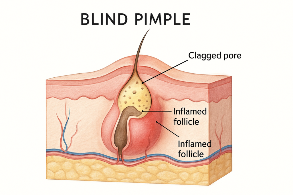 Scientific cross-section of a blind pimple showing inflammation deep under the skin surface