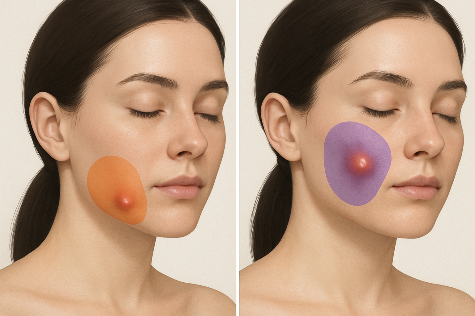 Comparison of hormonal blind pimples on jawline vs bacterial blind pimples on cheek illustration