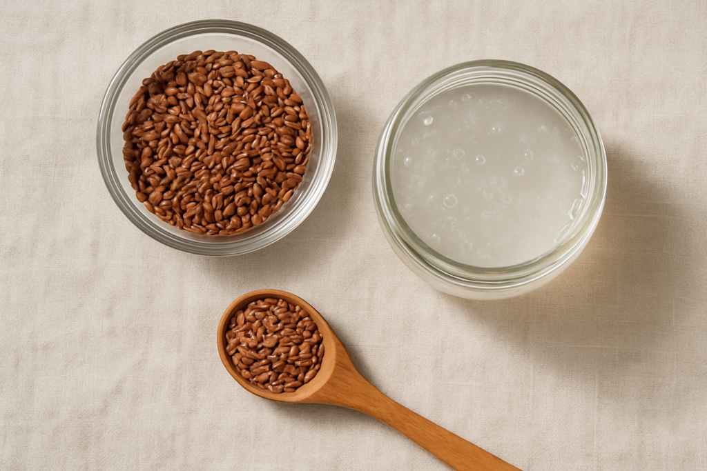Ingredients for DIY Flaxseed Botox recipe including organic whole flaxseeds and distilled water