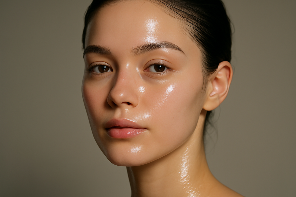 Woman with flawless porcelain glass skin after using Flaxseed Gel for Face Natural Botox routine