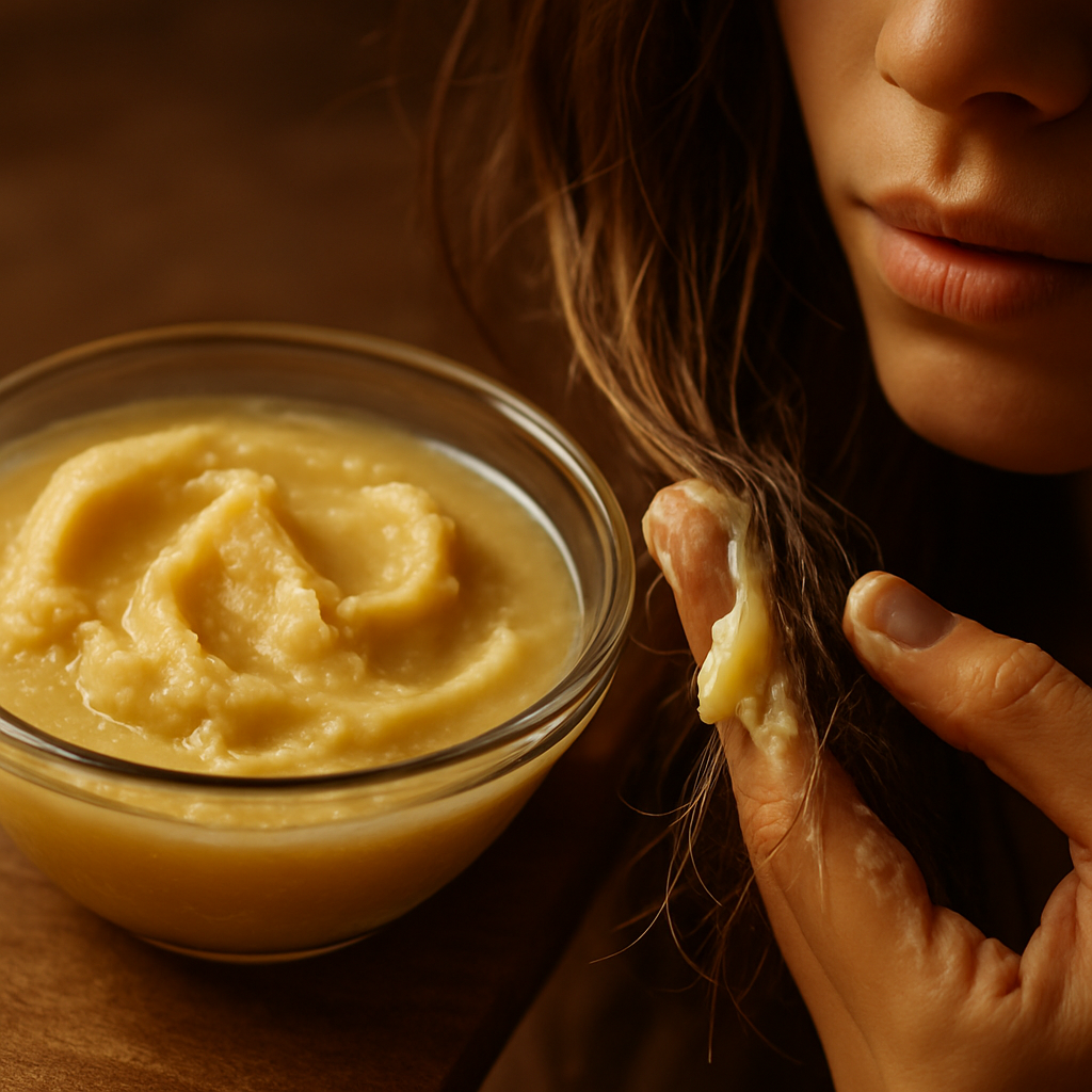 Applying shea butter homemade hair treatment for damaged hair on dry split ends