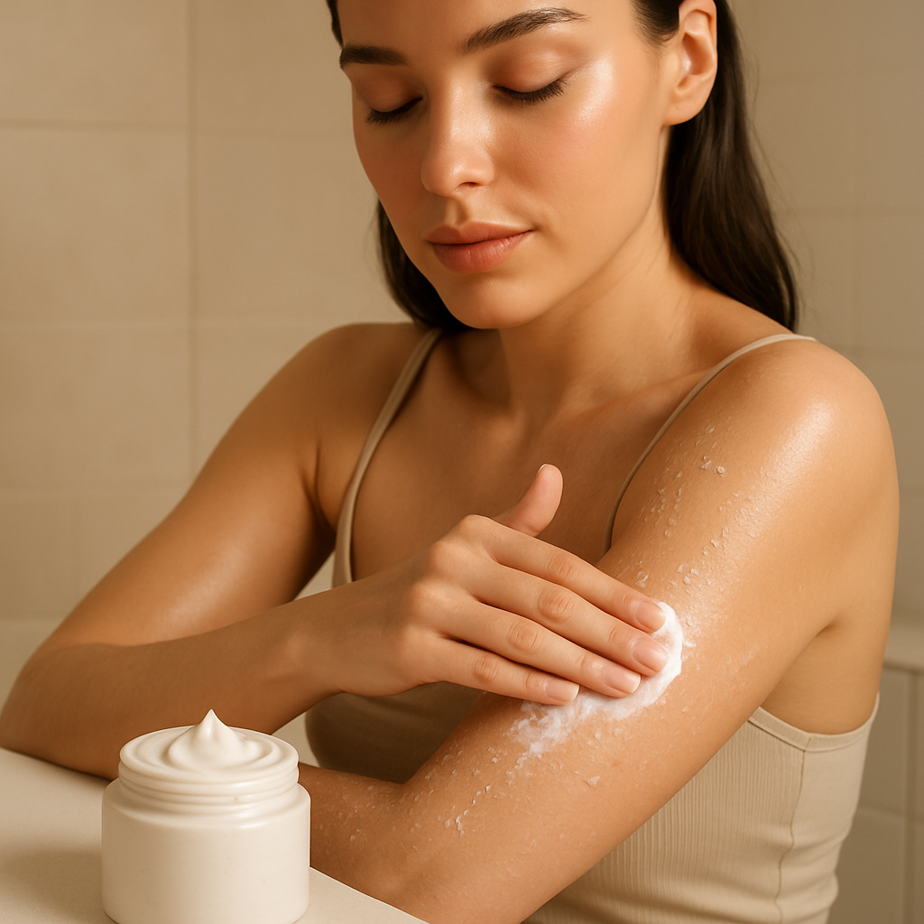A woman applying ceramide cream to stop skin peeling on body