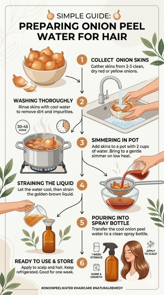 Infographic showing how to prepare onion peel water for hair step by step