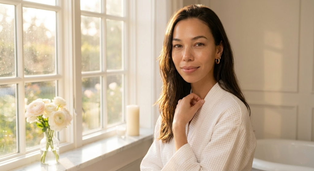 Confident woman with shiny hair in natural sunlight representing grooming success